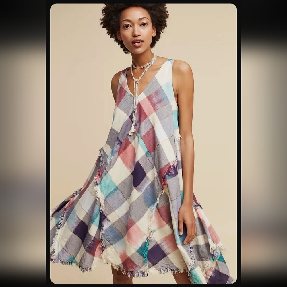 Anthropologie Maeve Plaid metallic Scarf Asymmetrical Dress Size Medium